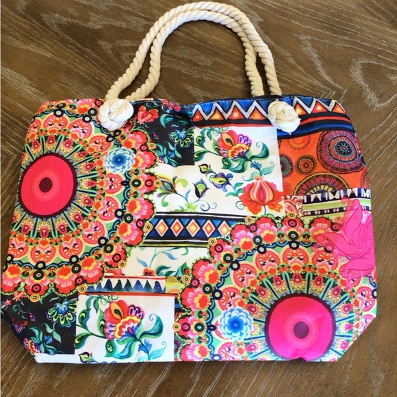 Boho Geometric Tile Print Ethnic Large Canvas Shoulder Bag Tote - Picture 10 of 10